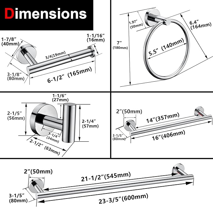 6 Pieces Polished Chrome Bathroom Hardware Accessories Set Hand Towel Ring 16&23.6 inch Round Towel Bar Toilet Paper Holder Towel Hooks 2 Pieces SUS 304 Stainless Steel,Heavy Duty,Wall Mounted