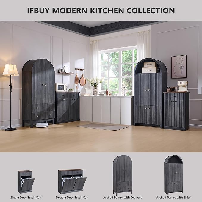 IFBUY Modern Tilt-Out Laundry Hamper Cabinet, 10 Gallon Fluted Trash Can Cabinet with Drawer, Wooden Hidden Garbage Can Cabinets with Laundry Basket, Free Standing for Bathroom and Kitchen, Grey