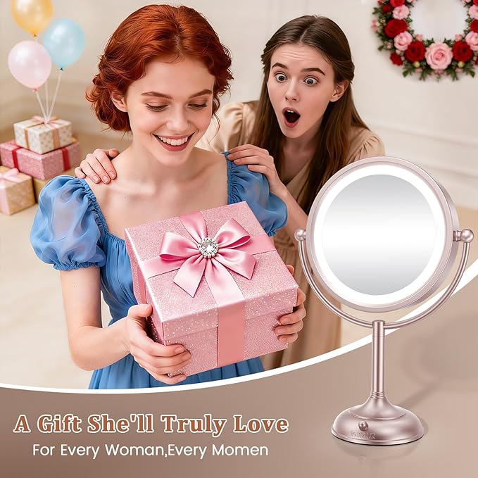 VESAUR Lighted Makeup Mirror Rose Gold Nickel, Double Sided 1X/10X HD Undistorted Magnifying Mirror, 8.5" Vanity Mirror with 3 Colors Dimmable 90 Bright LEDs, 360°Swivel Two Power Supply, Luxury Gifts