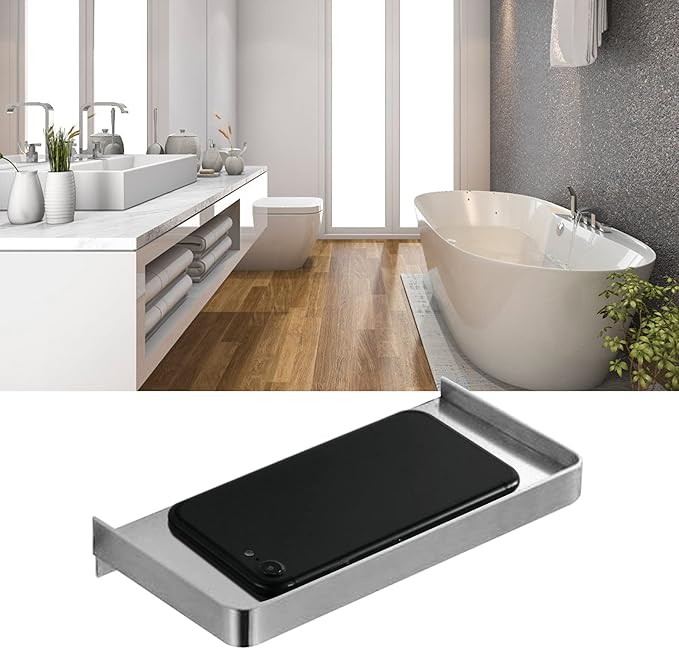 Yosoo Health Gear Bathroom Cell Phone Shelf Wall Mounted Phone Holder Plate, Sturdy Stainless Steel Toilet Phone Storage Tray 7.3x3.5in Bathroom Phone Shelf with Raised Edges (Brushed)