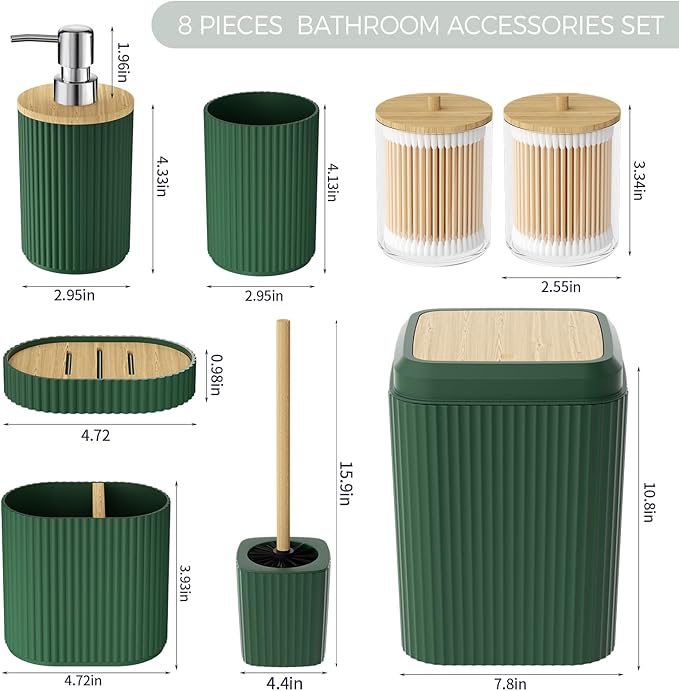 Bathroom Accessories Set - Unbreakable Green Bathroom Set, Trash Can, Toilet Brush with Holder, Soap Dispenser, Toothbrush and Toothpaste Holder, Tumbler Cup, Soap Dish, Qtip Holder, Bamboo Decor