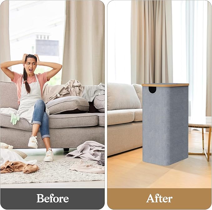 140L Foldable Laundry Baskest with Lid, 2 Section Extra-large Laundry Hamper with Removable Bags and Bamboo Handles for Bathroom, Bedroom & Laundry Room, Grey