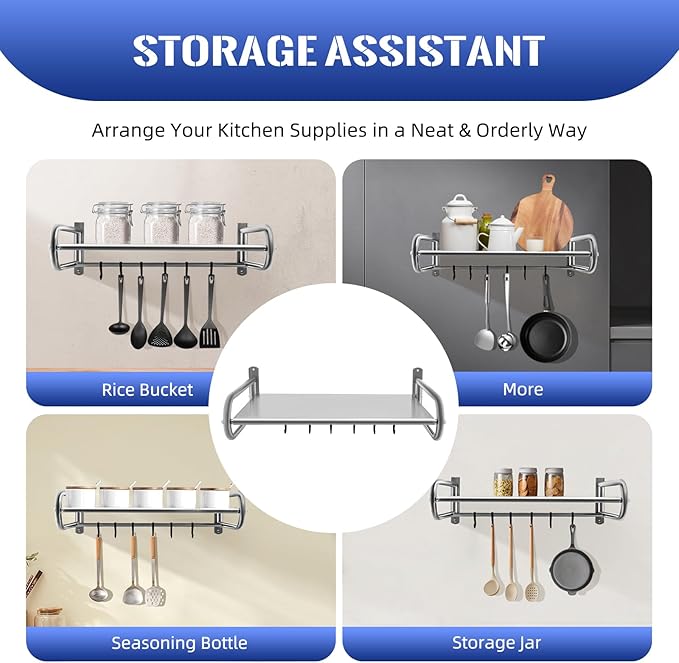 Metal Wall Shelf, 20 Inch Metal Wall Shelves with Hook Storage Shelf Suitable for Use in Kitchen, Living Room, Study, Balcony, Restaurants, Bathroom (Silver)