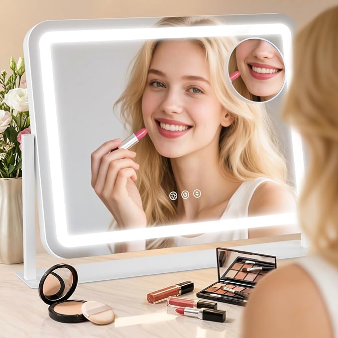 Vanity Mirror with Lights, Lighted Makeup Mirror with 10X Magnification, 3 Color Dimmble Lights, Touch Control, 360° Rotation, Metal Frame, Women's Gift, for Bedroom/Dressing Room, White