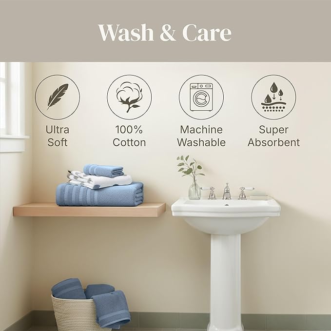 Modern Threads Natural Vine 6-Piece 100% Cotton Towel Set – Yarn Dyed Jacquard – Includes 2 Bath Towels, 2 Hand Towels, 2 Washcloths – Absorbent, Quick Dry, Soft & Durable – Blue