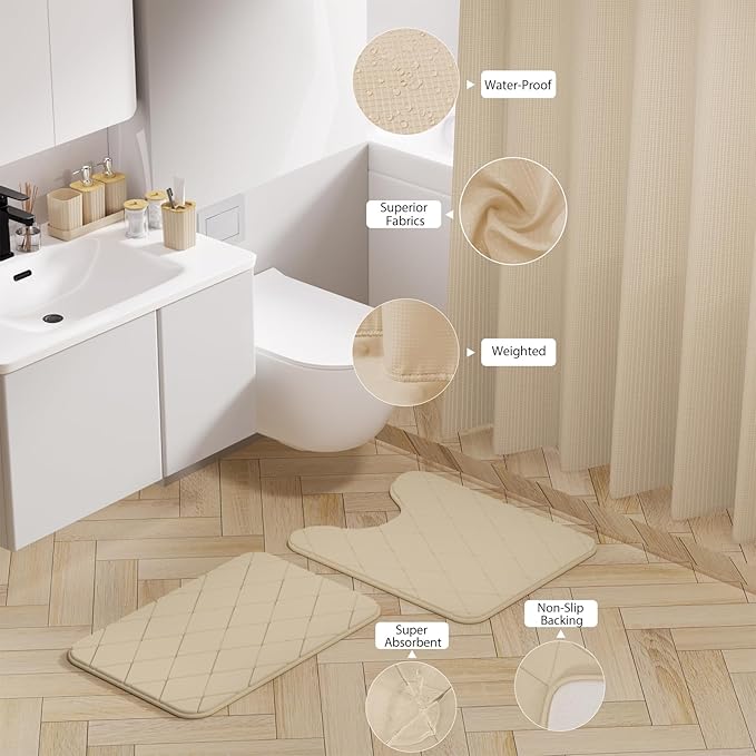 Bathroom Accessory Set - 25PC Bathroom Sets with Shower Curtain and Rugs, Beige Bathroom Set, Bathroom Accessories Set, Shower Curtain Sets with Rugs, Trash Can & Soap Dispenser