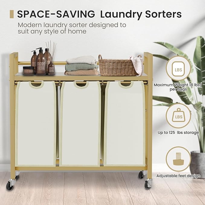 SwaaVee Laundry Hamper, Laundry Basket, Laundry Sorter with 3 Removable Bags, Clothes Basket with 3 Compartments, Wheels, Shelf for Laundry Room Bathroom Bedroom (3 Bags-Golden)