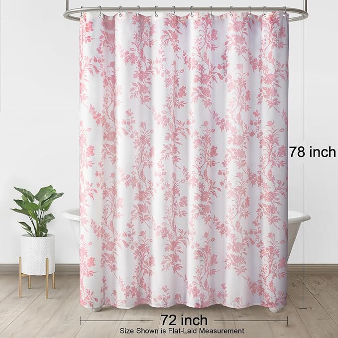 Pink Floral Shower Curtain,Vintage Cotton Cottagecore Shower Curtains for Bathroom, 72" W x 78" L