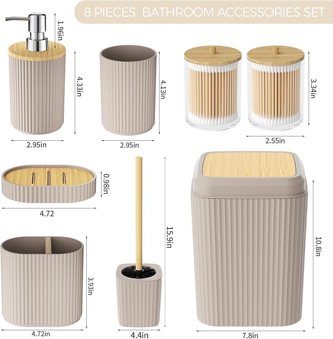 Bathroom Accessories Set - Unbreakable Beige Bathroom Set, Trash Can, Toilet Brush with Holder, Soap Dispenser, Toothbrush and Toothpaste Holder, Tumbler Cup, Soap Dish, Qtip Holder, Bamboo Decor