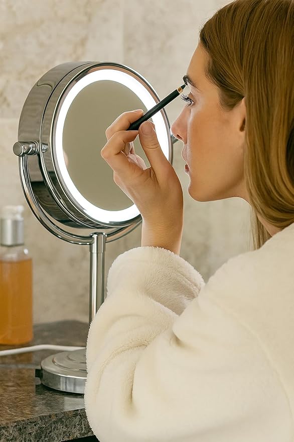 8.5 inch LED Makeup Mirror with 10X Magnification,has Three Colors Lights,Extendable Bathroom Mirror,Tabletop Two-Sided, Antique Brass Finish(8.5in,10X) (Chrome, 10x Magnification)