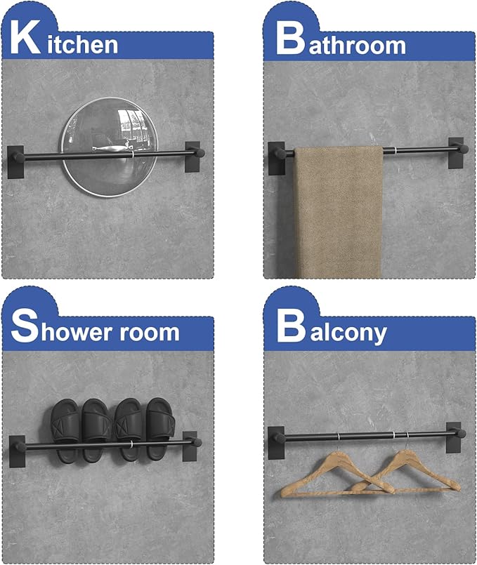 Adjustable AdhesiveTowel Bar 2 Pack, HOMOTEK Economical Self Stick Single Towel Holders, Towel Rod Size from 12 Inch to 22 InchTowel Racks, Towel Hanger Hook for Kitchen(Matte Black)