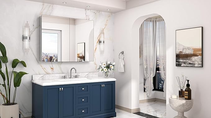 Keonjinn 40 x 32 Inch Large Medicine Cabinet for Bathroom, Silver Lightweight Combined Double Doors Mirrored Cabinet, Assembly Needed, Recessed or Wall Mount, Flexiable Ample Storage, Soft Closing