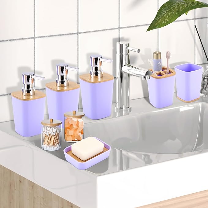 XLHOMO Purple Bathroom Accessories, Bathroom Accessories Set with Trash Can, Soap Dispenser, Toothbrush Holder, Toothbrush Cup, Soap Dish, Toilet Brush, Tray and Q-tip Holders for Housewarming