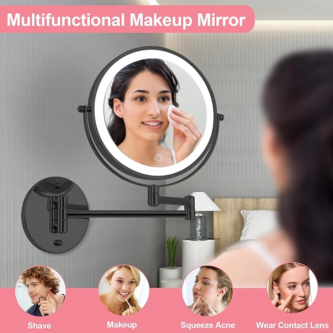 Wall Mounted Lighted Vanity Mirror, 8" Double Sided 1X/10X Magnifying Shaving Mirror with 3 Color Lighting, Rechargeable 2000mAh Battery, Extendable Arm for Makeup, Grooming, Bathroom, Black