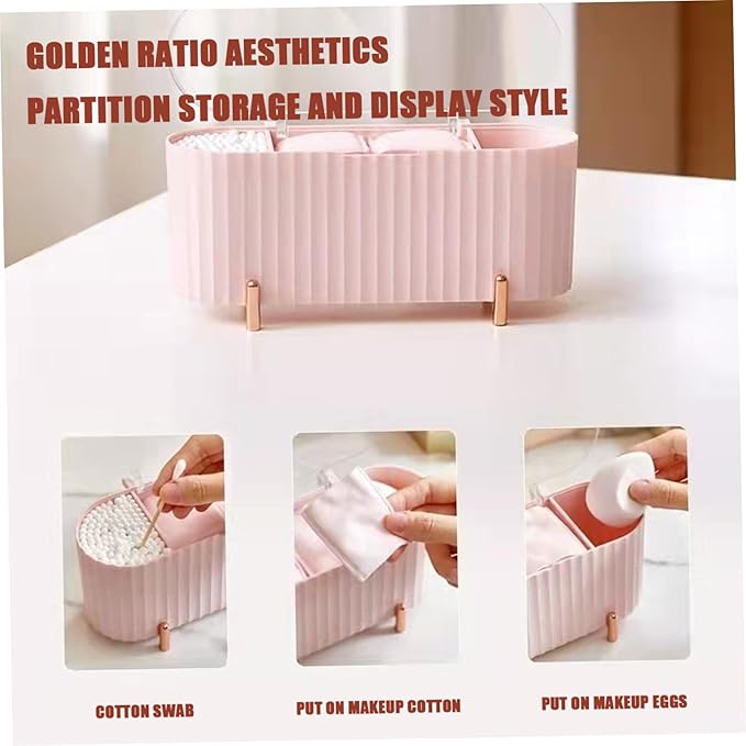 Makeup Organiser 3 Compartments Cotton Pad Holder Cotton Swab Dispenser Makeup Container for Dresser Bedroom Bathroom Cosmetic Bags, Pink