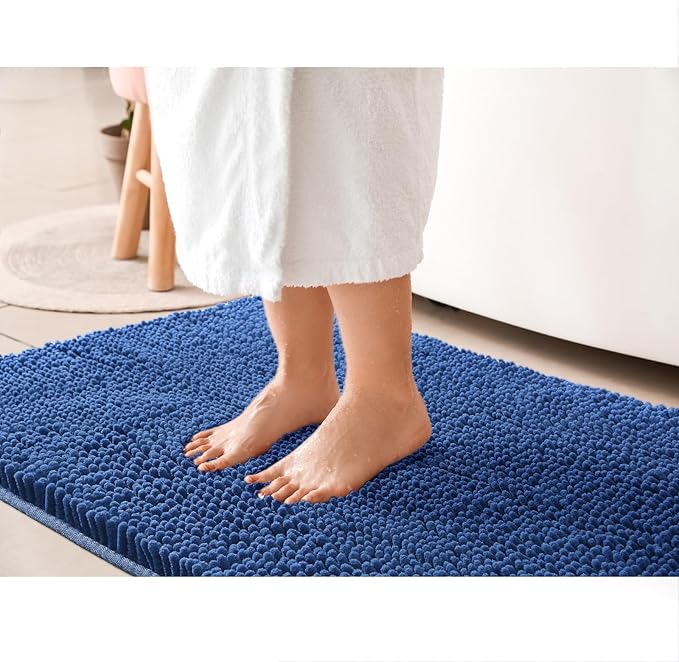 LOCHAS Luxury Bathroom Rug Shaggy Bath Mat 24 x 36 Inch, Washable Non Slip Bath Rugs for Bathroom Shower, Soft Plush Chenille Absorbent Carpets Mats, Blue