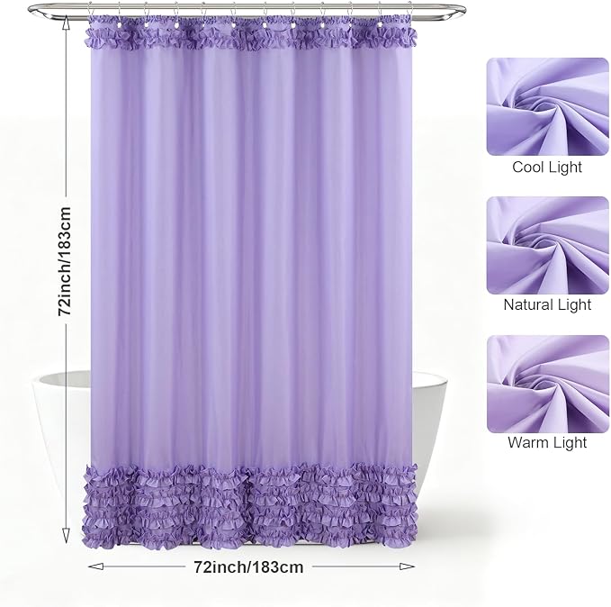 Purple Ruffle Shower Curtain, Girls Women Fabric Shower Curtain with Delicate Handcrafted Ruffles, Waterproof Ruched Farmhouse Decorative Bathroom Curtain, 72" W x 72" H