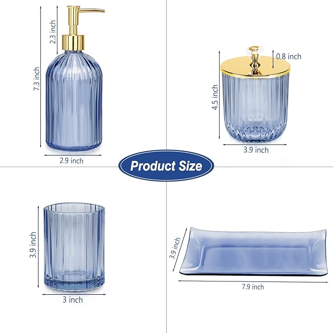 Jenseits Blue Bathroom Accessories, 4 Pcs Glass Bathroom Set Complete Includes Soap Dispenser, Toothbrush Holder, Apothecary Jar, Vanity Tray, Decorative Bathroom Organizers Decor, Housewarming Gift