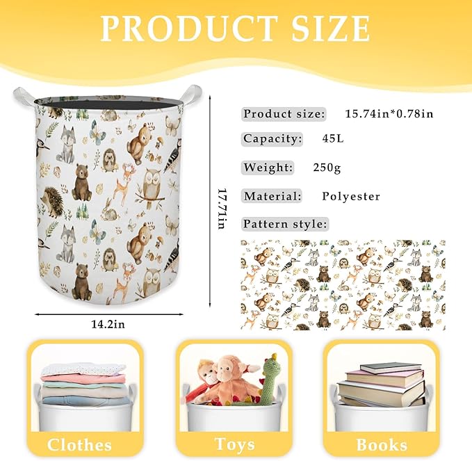 Baby Nursery Laundry Basket, Toybox for Boys Girls Room, Forest Animal Laundry Basket Hamper Waterproof Collapsible Clothes Toys Storage Bin Organizer for Kids Room Playroom Bedroom Bathroom