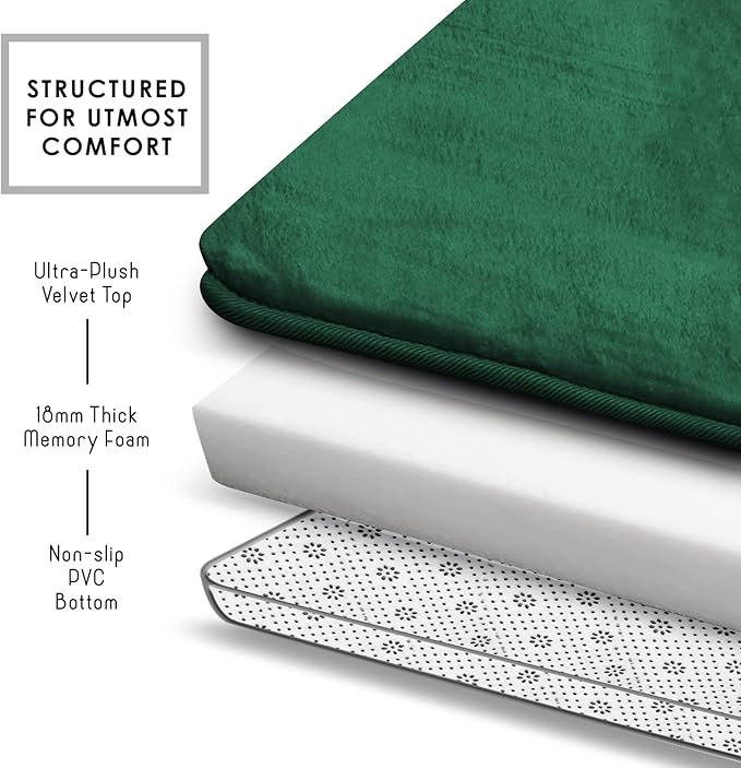 Clara Clark Bathroom Rugs, Velvet Memory Foam Bath Mat, Non-Slip, Machine Washable Bath Rugs - Dries Quickly, Ultra Soft Plush Bath Mats for Bathroom, 20 x 32, Hunter Green