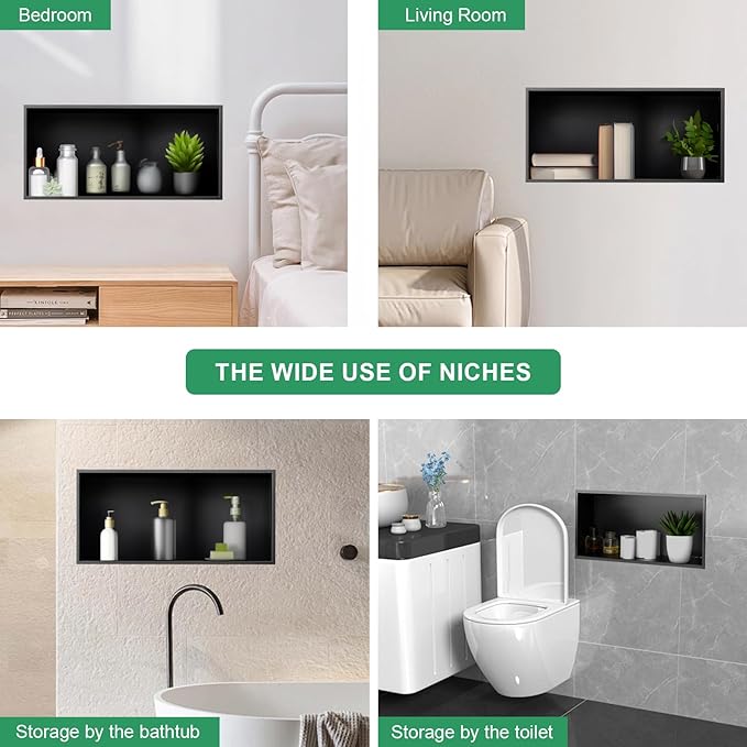 SaniteModar Shower Niche, Stainless Steel Shower Niche No Tile Needed, Recessed for Bathroom Storage (Matte Black, 12x24)
