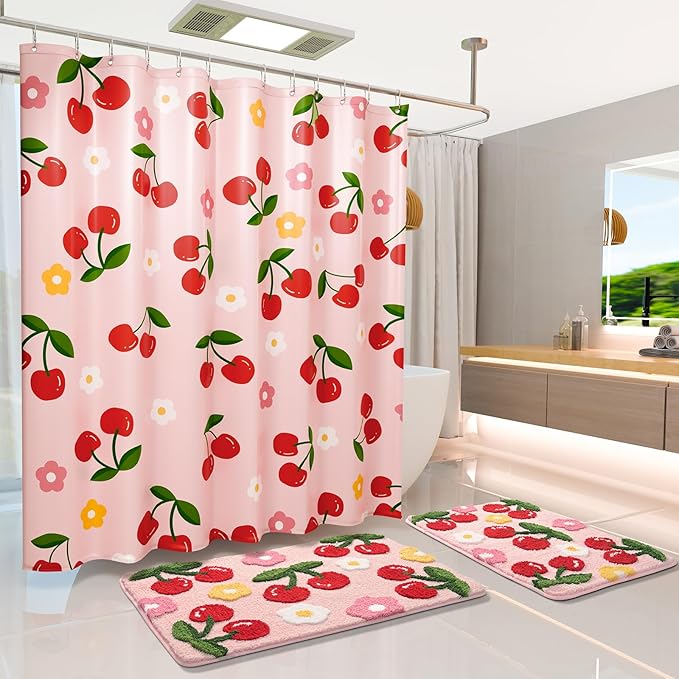 Anybar Fabric Shower Curtain Cute Floral Cherry Curtains Waterproof Soft Polyester Bathroom Curtain- Decorative Washable Privacy Cloth Long Shower Curtain for Bathroom Hotel (72x78inch) Pink