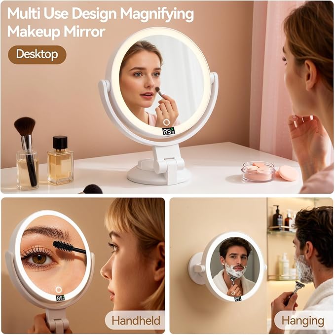 Shinowa Makeup Mirror with Lights, 20X Wall Mounted Lighted Magnifying Mirror, 2-Sided Vanity Mirror with 3 Color Lights & Brightness Adjustment, 360° Rotation Rechargeable Desk Mirror, Travel Mirror