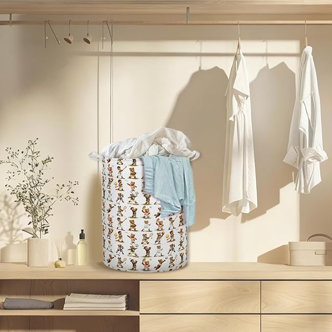 Sports Bear Nursery Laundry Basket Hamper, Sports Decor for Boys Bedroom, Cute Bear Player Foldable Clothes Toys Books Storage Box Bins Baskets Organizer for Kids Boys Room Playroom