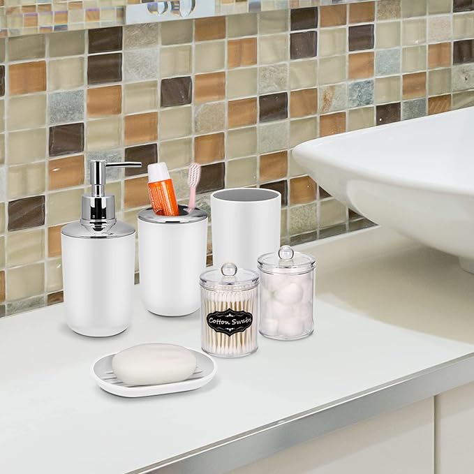 IMAVO Bathroom Accessories Set,White Bathroom Set,9 Pieces Bathroom Accessory Set,Tray,Qtip Holders,Toilet Brush,Trash Can for Bathroom Décor and Home Gifts