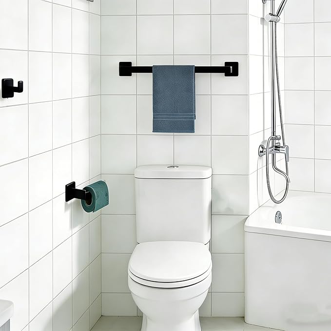 10-Pieces Bathroom Hardware Set Matte Black Bathroom Accessories Set SUS304 Towel Bar Set Includes 2 Towel Bar 16 Inch+2 Towel Holder+2 Toilet Paper Holder+4 Towel Hooks(10, Matte Black)