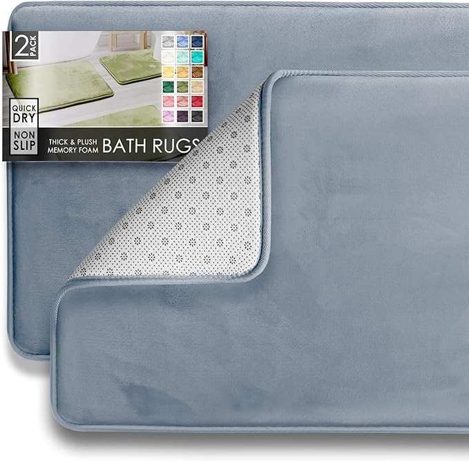 Clara Clark 2 Piece Bathroom Rug Set - Memory Foam, Bath Mat Set, Plush, Cozy, Ultra Soft, Non Slip, Machine Washable, Quick Dry - 24” x 17”+ 32” x 20” - Stone Blue