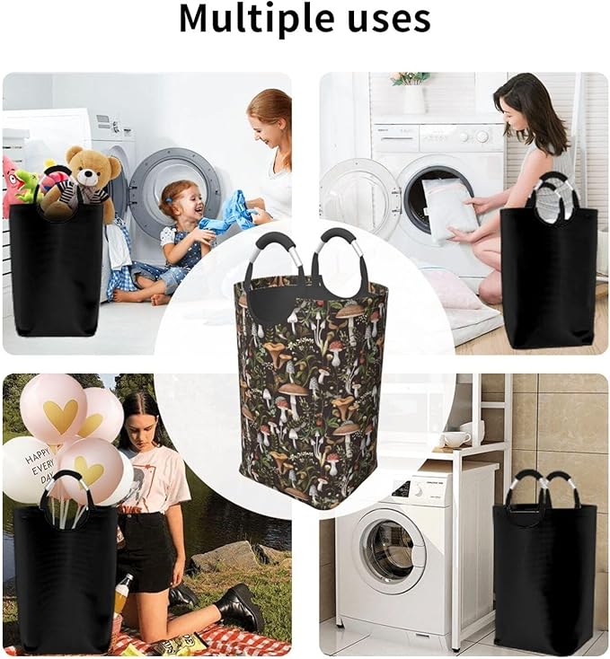Mushrooms Berries Laundry Basket - Black Foldable Hamper With Handles, Collapsible Plants Design, 50L Storage Bin for Dorm and Family