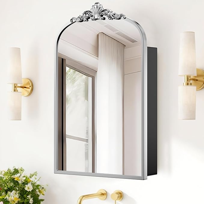 SogesHome Retro Arched Wall Mount Bathroom Mirror Cabinet with 3-Tier Storage, 15.7 x 23.6 Inch Elegant Decoration Medicine Cabinet with Removable Shelves, Farmhouse Vanity Organizer, Silver