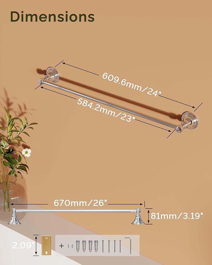 Towel Bar 24inch, Stainless Steel Bathroom Towel Rack Wall Mounted, Heavy Duty Towel Rod, Towel Holders for Bathroom, Kitchen (Chrome)