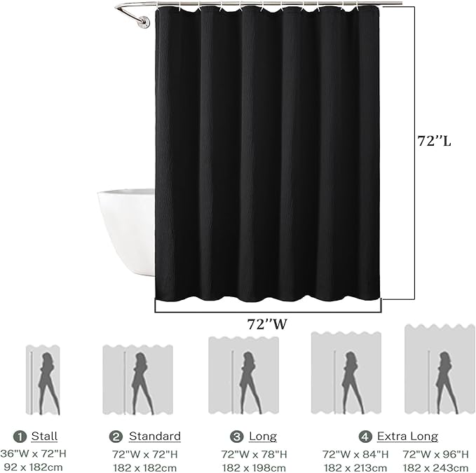 Aiyufeng 3D Textured Black Shower Curtain for Bathroom, Fabric Shower Curtain Soft Cloth & Hotel Spa Quality, Luxury Boho Bathroom Curtains, Machine Washable, Black, 72x72 Inches