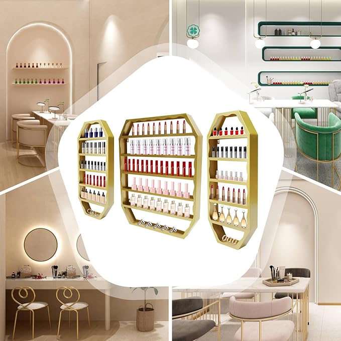 Nail Polish Organizer Wall Mounted, 3Pcs 6-Tier Nail Polish Storage Rack, Metal Nail Polish Storage Holder, Multifunctional Organizer for Essential Oil Perfume at Home Salon Spa(Gold)