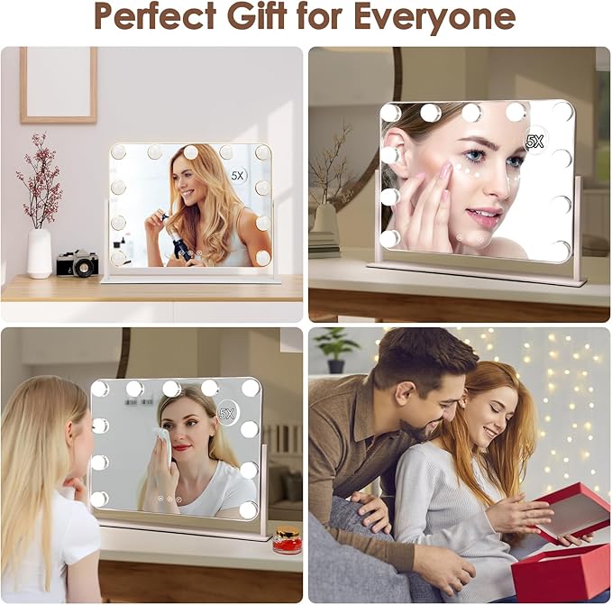 DenCert 360° Vanity Mirror with Lights 11 Led Bulbs Hollywood Lighted Makeup Mirror with 5X Magnification Mirror Hollywood Cosmetic Mirror Tabletop Makeup Mirror with 3 Lighting Modes 16x13 Inch