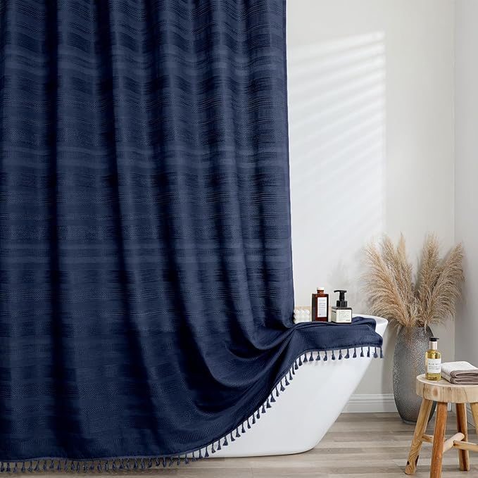 OVZME Navy Blue Shower Curtain for Bathroom, Boho Linen Textured Shower Curtain with Tassel, Rustic Striped Heavy Duty Vintage Country Bathroom Curtain, 72Wx72L Inches