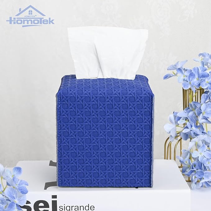 HOMOTEK 2 Pack Tissue Box Cover, Square PU Leather Tissue Holder, Decorative Facial Tissue Cube Paper Organizer Dispenser for Bathroom, Night Stands, Desk, Car 5X5X5'' - Rattan Weave,Blue