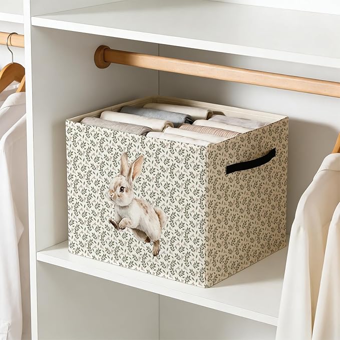 Easter Bunny Storage Bin Box with Handles, Cottagecore Botanical Rabbit Foldable Baskets Organizer for Kids Girls Room Nursery Bathroom Home Clothes Toys Books, Toybox for Girls