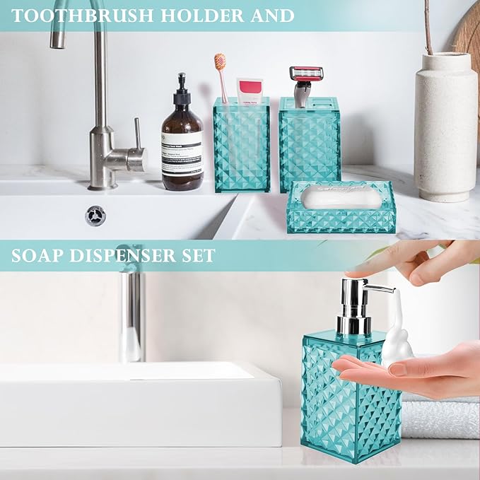 Bathroom Accessory Set, Grid Pattern 4 Pcs Plastic Bathroom Set Include Soap Dispenser, Soap Dish, Toothbrush Holder, Mousewash Cup, Modern Bahtroom D??cor Set(Light Blue)