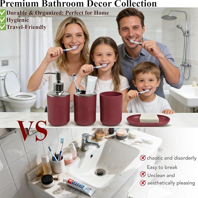 Red Bathroom Accessories Set, 4 Piece Plastic Bathroom Toothbrush Holder Set, Include Soap Dispenser, Toothbrush Holder, Rinse Cup, Soap Dish, Boho Burgundy Bathroom Decor for Home, Bathroom Set