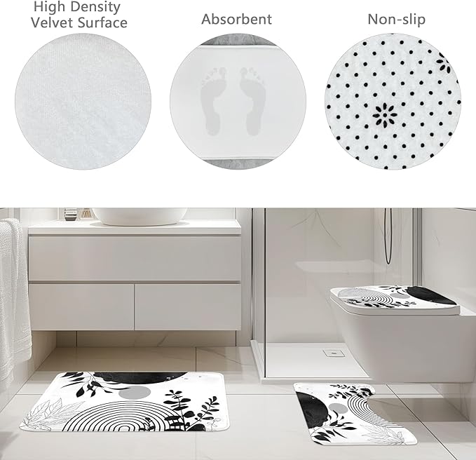 Riyidecor Mid Century 4Pcs Bathroom Shower Curtain Sets Abstract Aesthetic Geometric Minimalist Bathroom Decor Set with Rugs and Accessories Modern Toilet Lid Rug, Contour and Bath Mat with 12 Hooks