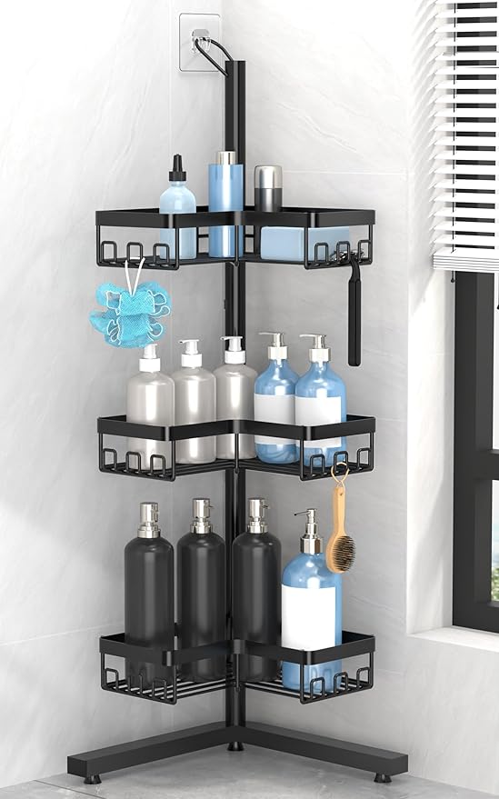 KEGII Standing Shower Caddy Corner, 3 Tier Adjustable Shelves Rustproof Floor Shower Organizer with 18 Hooks and Adjustable Feet, Bathroom Corner Shelf Rack, Black