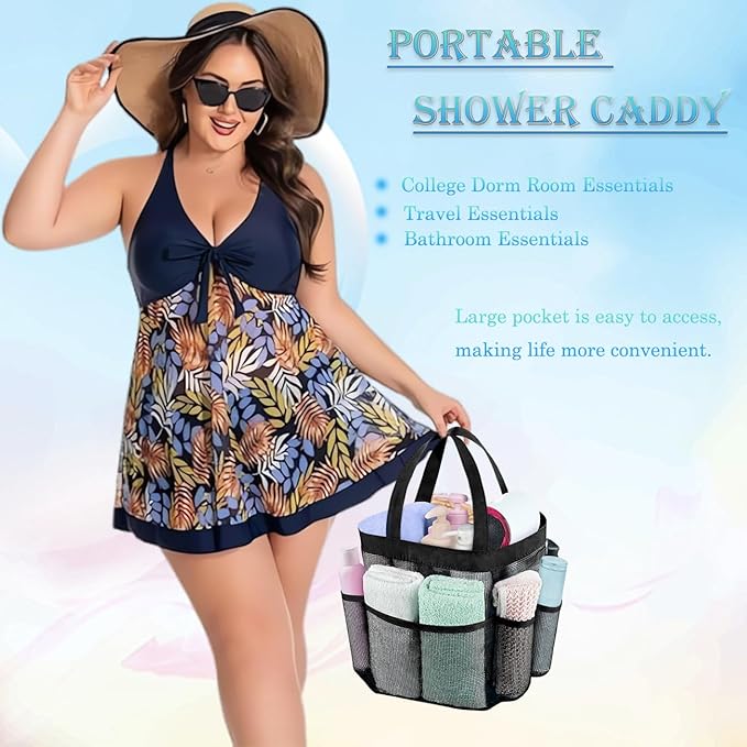 Mesh Shower Caddy Portable for College Dorm Room Essentials, 8-Pocket Large Capacity Shower Tote Toiletry Bag Basket, Quick Dry Hanging Organizer for Bathroom, Gym, Camp, Travel, Cruise, Beach