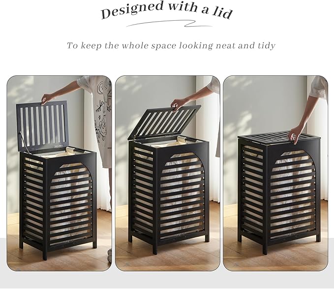 Laundry Hamper with Lid,Bamboo Large Waterproof Clothes Laundry Basket,Removable Washing Bags with Handles,clothes basket (Black)