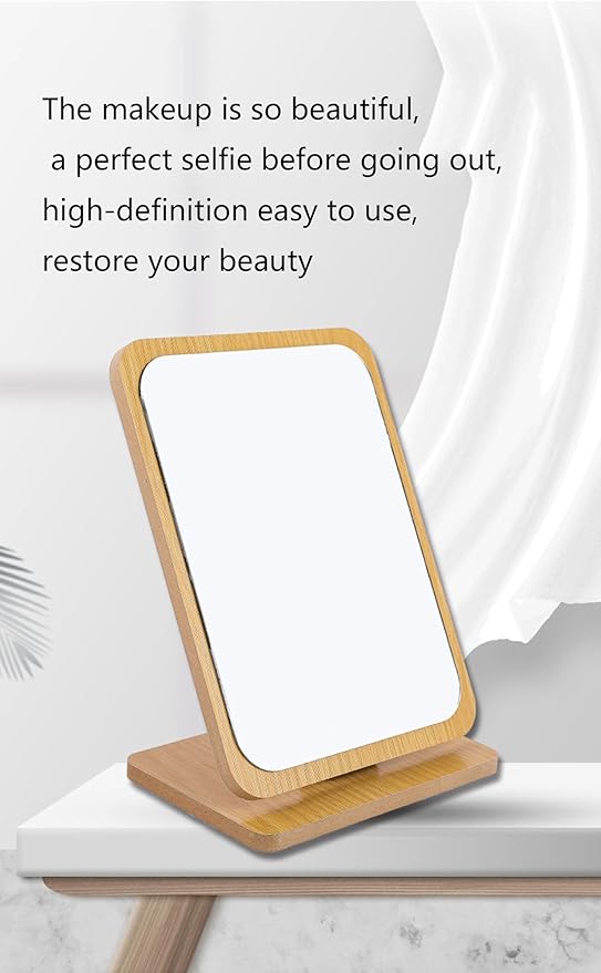 1 PC Rectangular Compact Table Mirror Vertical Wood Frame Mirror Table Mirror 90 Degree Rotation Makeup Mirror Back Stand Makeup Mirror (Vertical)