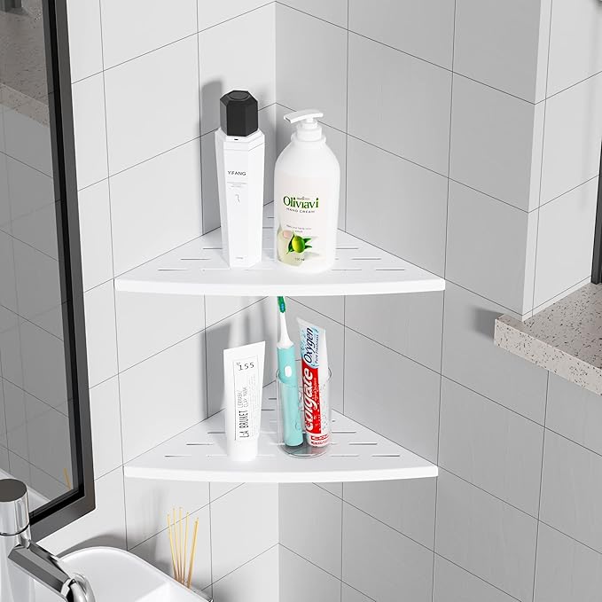 Qeke Corner Shower Shelf Matte White, 304 Stainless Steel 11.5” Recessed Corner Shelf Bathroom for Tiled Wall, Floating Shower Shelves Shampoo Holder, No Drilling, 2 Pack
