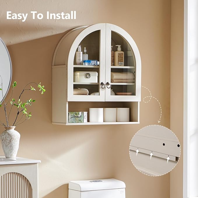 IFGET Bathroom Arched Wall Cabinet, 23.6'' Wide Medicine Cabinet with Adjustable Shelves & Acrylic Glass Doors, Over The Toilet Storage Wall Mount Cabinet for Laundry Room,Kitchen & Living Room, Cream