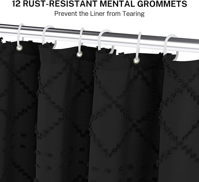 Extra Long Black Woven Fabric Boho Shower Curtain with Tassels 72 x 90 Modern Farmhouse Minimalist, Tufted Chevron Textured Striped Shabby Chic, Water Resistant Cloth Curtain for Bathroom, Hotel Decor